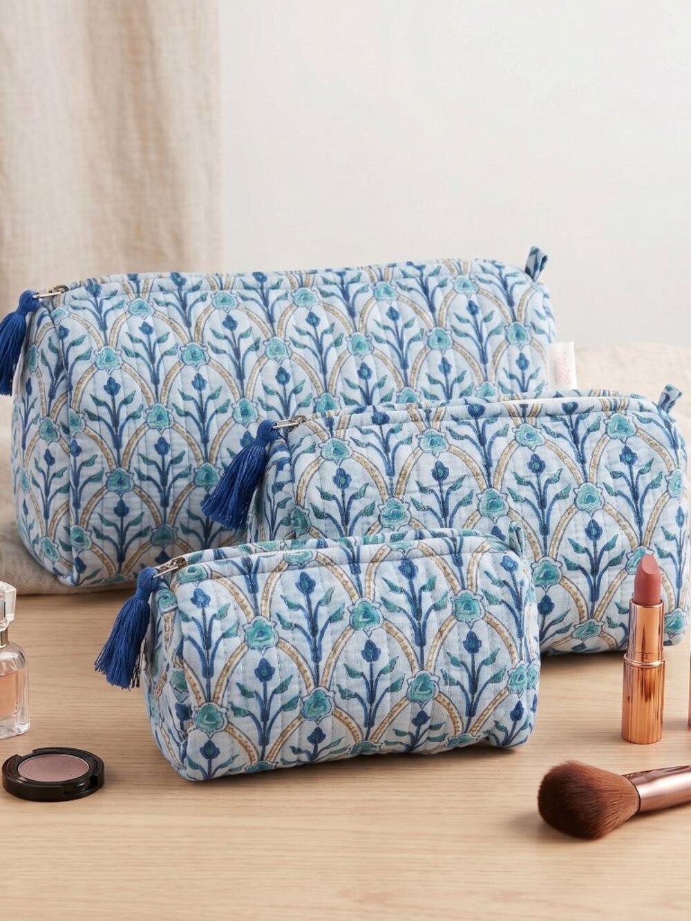 Set Of 3 Block Print Toiletry Bags, Cotton Makeup Bag, Cosmetic Bag Set Gift